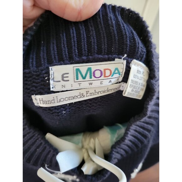 Le Moda Womens Navy Blue Handloomed pearl Embellished Sweater size XL Vintage - Picture 2 of 4